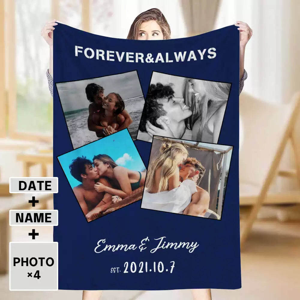 Personalized 4 Photos Text Fleece Blankets for Couple img 1