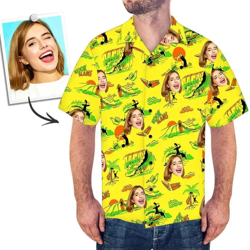 Custom Face Photo Hawaiian Shirt Surfing Yellow Beach Shirt img 2