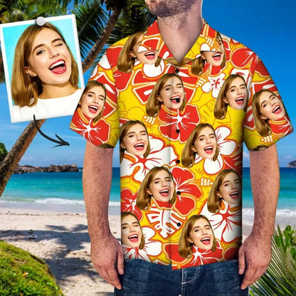 Custom Face Shirt Men Hawaiian Shirt Red Flower Yellow img 1