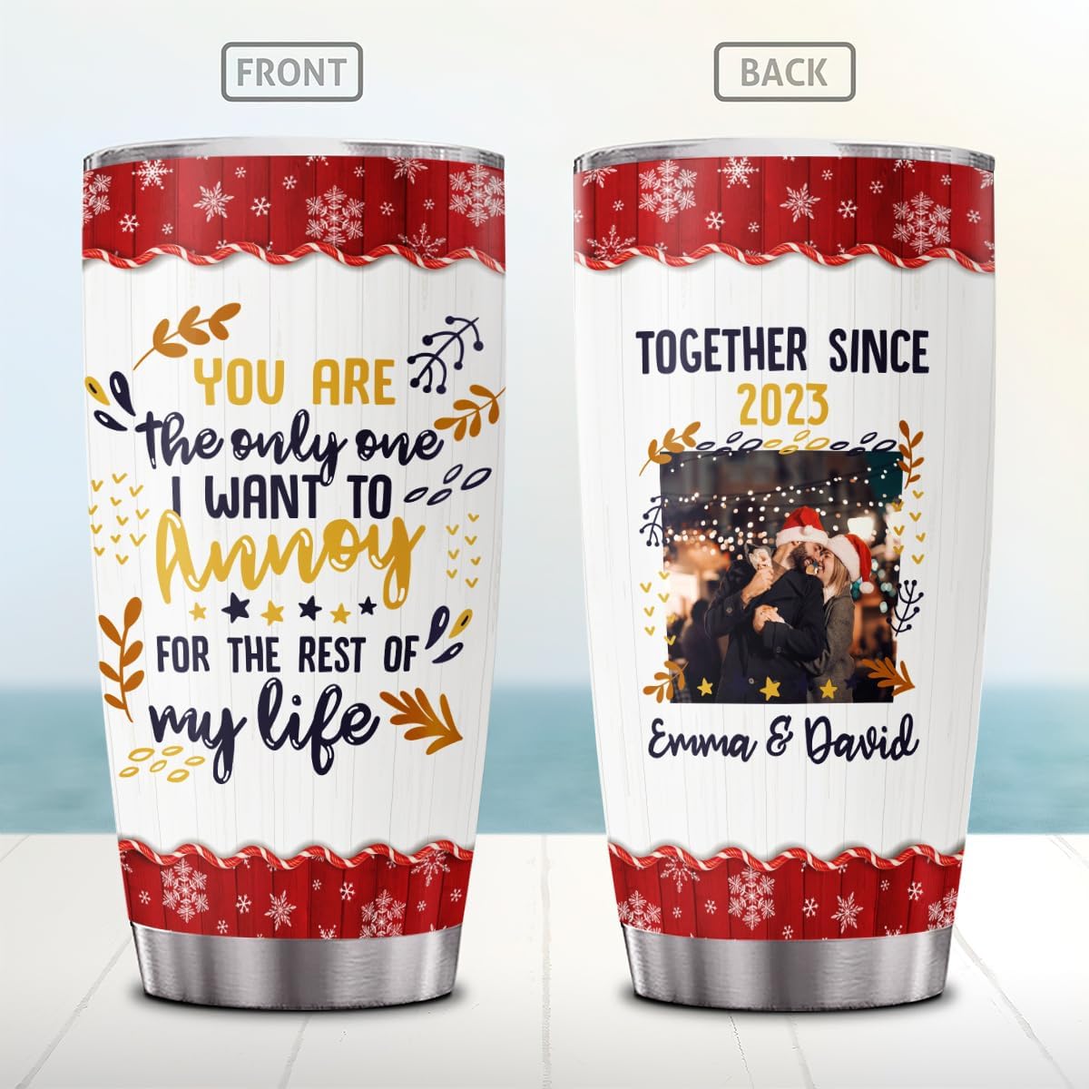 Custom Photo Text 20Oz Christmas Tumbler Cup Mug Couple Gift img 1