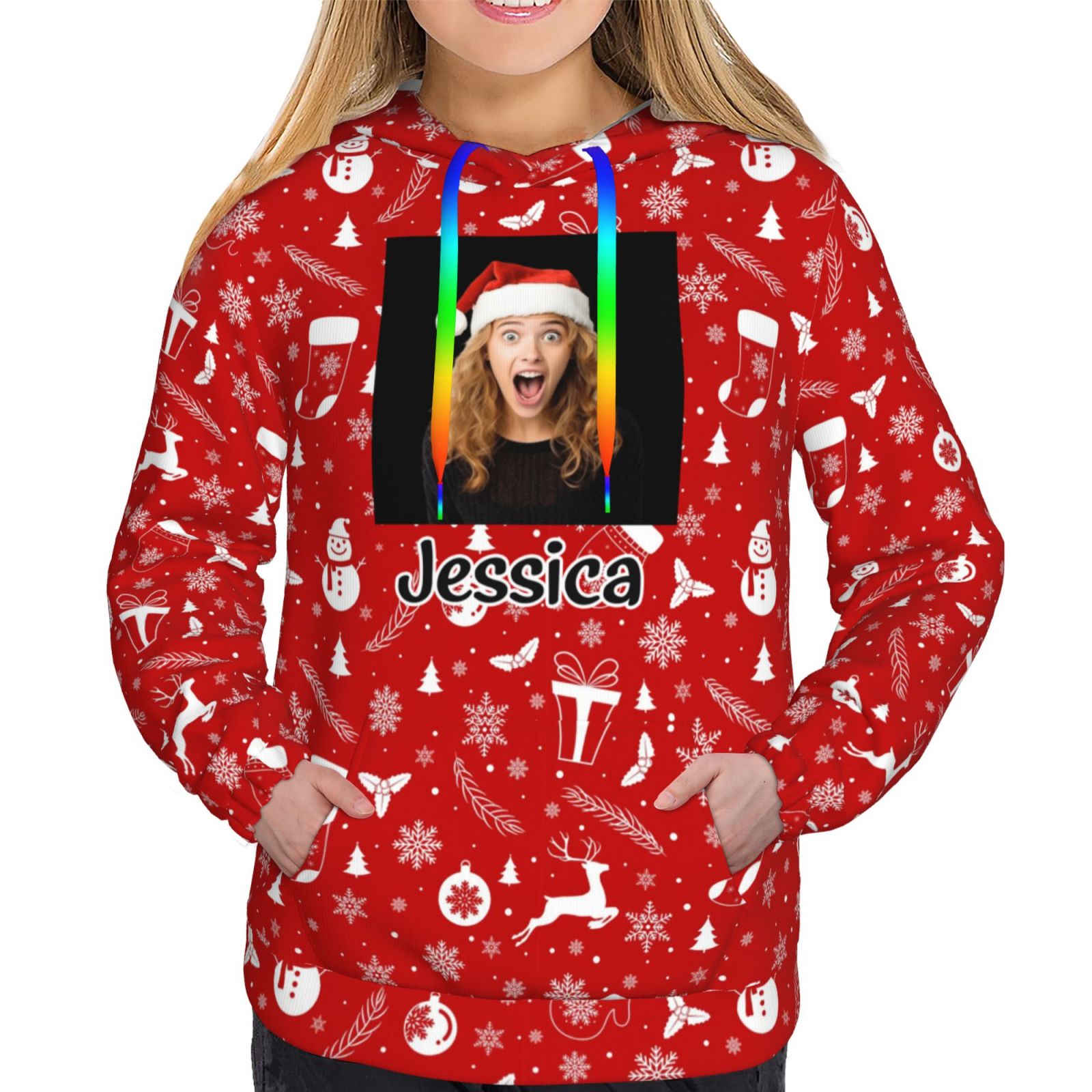 Custom Photo Name Hoodie Red Christmas Gifts Women Hoodies img 1