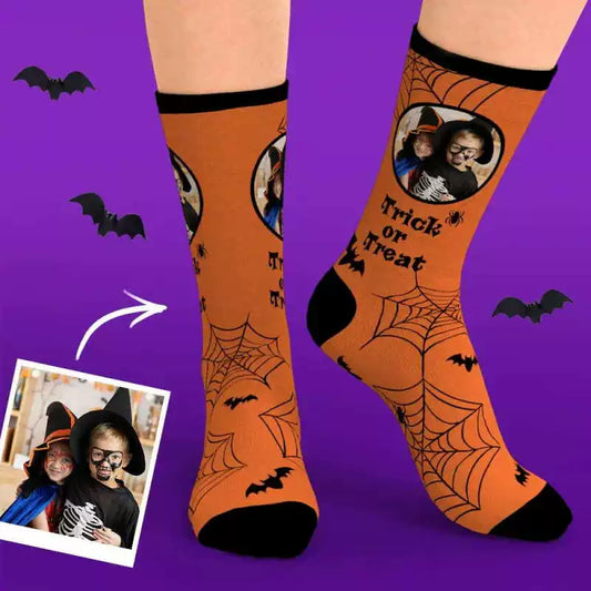 Custom Face Halloween Cobweb Bat Trick or Treat Socks img 5571190289553