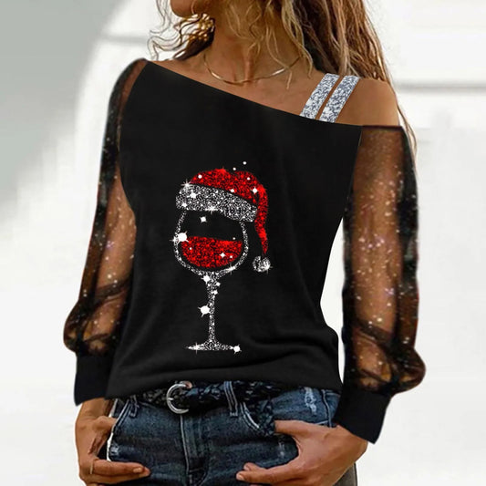 Off Shoulder Women Christmas Blouse Wine Glass Print Xmas Blouse Sequined Splice Mesh Long Sleeve Female Tops