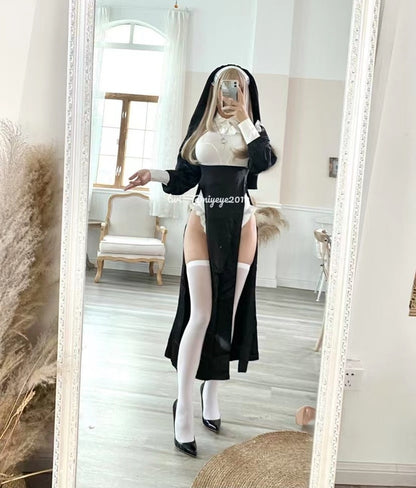 Nun Cosplay Costume Woman Dress Halloween Sexy Woman Cosplay Suit Anime Nun Headgear