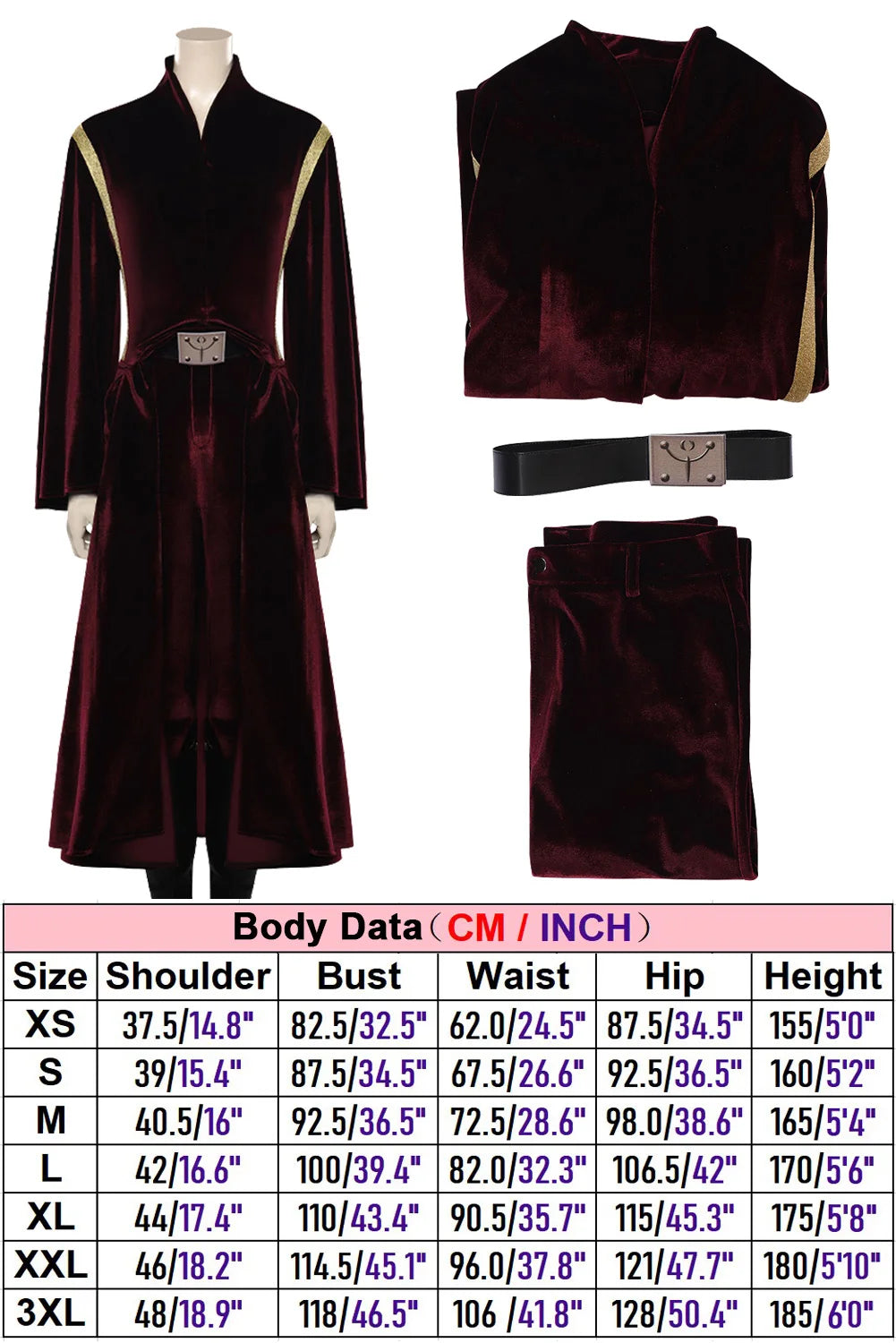 Padme Amidala Cosplay Costume Elegant Burgundy Velvet Dress Women Roleplay Outfit Halloween