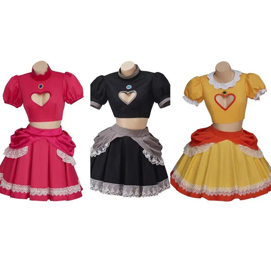 Peach Daisy Bowsette  Princess Sister Dress Cosplay Costume Pink Yellow Tops Skirts Set Halloween Carnival Fancy Clothes