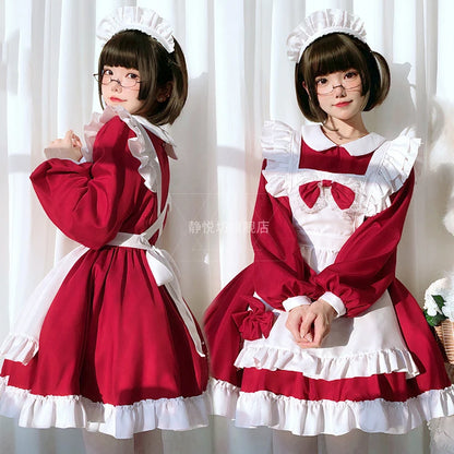 Plus Size Maid Cosplay Akihabara Cat Girl Red Long Sleeved Lovely Maidservant Lolita Dress Anime Coffee House Clothing 3-piece