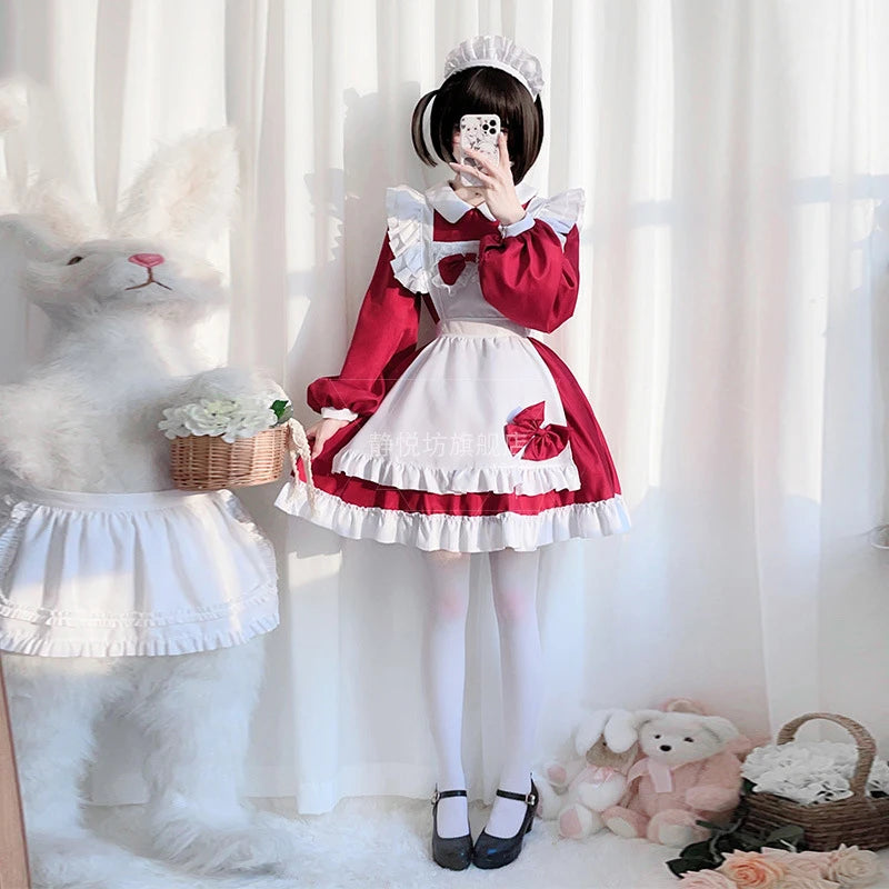 Plus Size Maid Cosplay Akihabara Cat Girl Red Long Sleeved Lovely Maidservant Lolita Dress Anime Coffee House Clothing 3-piece