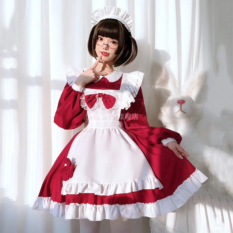 Plus Size Maid Cosplay Akihabara Cat Girl Red Long Sleeved Lovely Maidservant Lolita Dress Anime Coffee House Clothing 3-piece