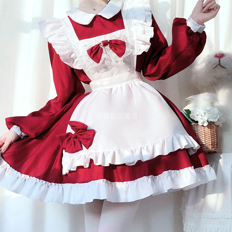 Plus Size Maid Cosplay Akihabara Cat Girl Red Long Sleeved Lovely Maidservant Lolita Dress Anime Coffee House Clothing 3-piece