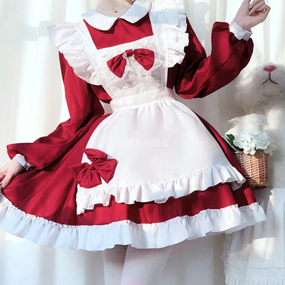 Plus Size Maid Cosplay Akihabara Cat Girl Red Long Sleeved Lovely Maidservant Lolita Dress Anime Coffee House Clothing 3-piece