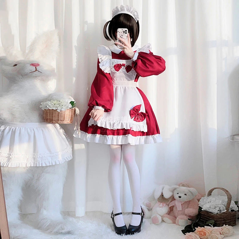 Plus Size Maid Cosplay Akihabara Cat Girl Red Long Sleeved Lovely Maidservant Lolita Dress Anime Coffee House Clothing 3-piece