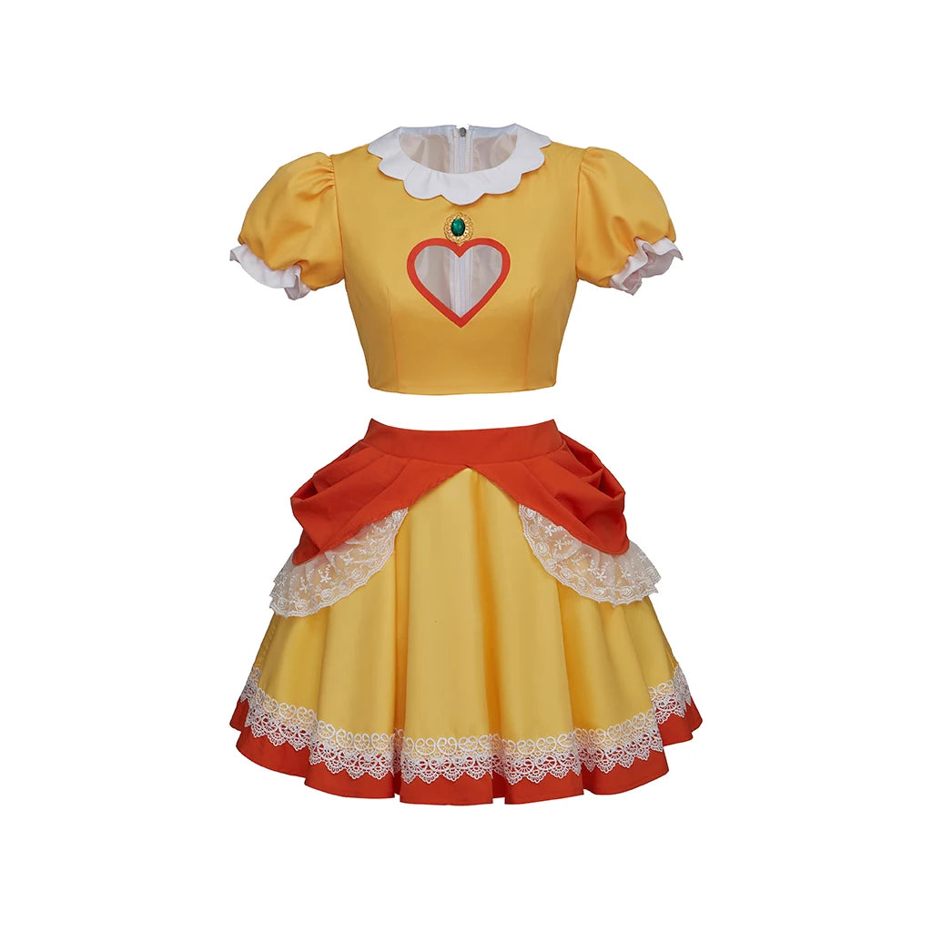 Princess Daisy Peach Sister Dress Cosplay Costume Daisy Yellow Crop Tops Mini Skirts Set For Women Halloween Costume Dress