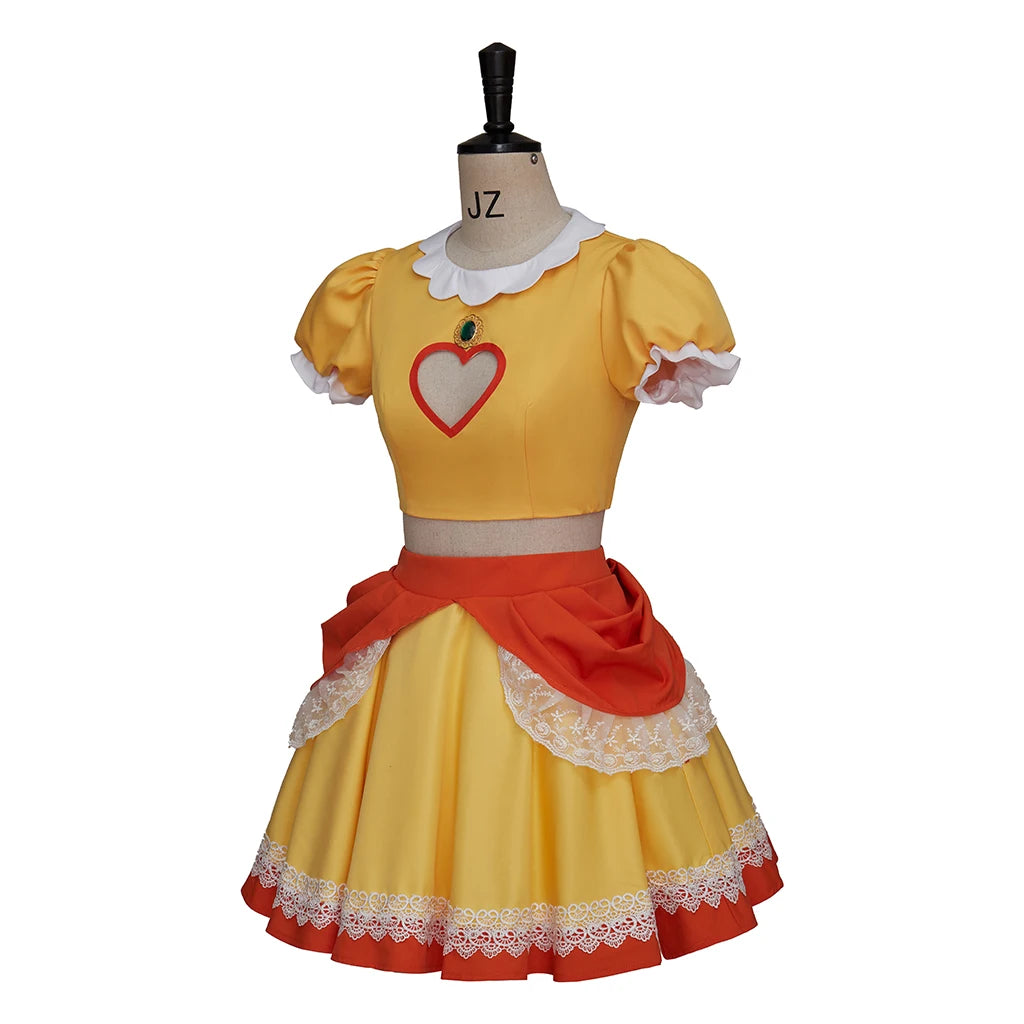 Princess Daisy Peach Sister Dress Cosplay Costume Daisy Yellow Crop Tops Mini Skirts Set For Women Halloween Costume Dress