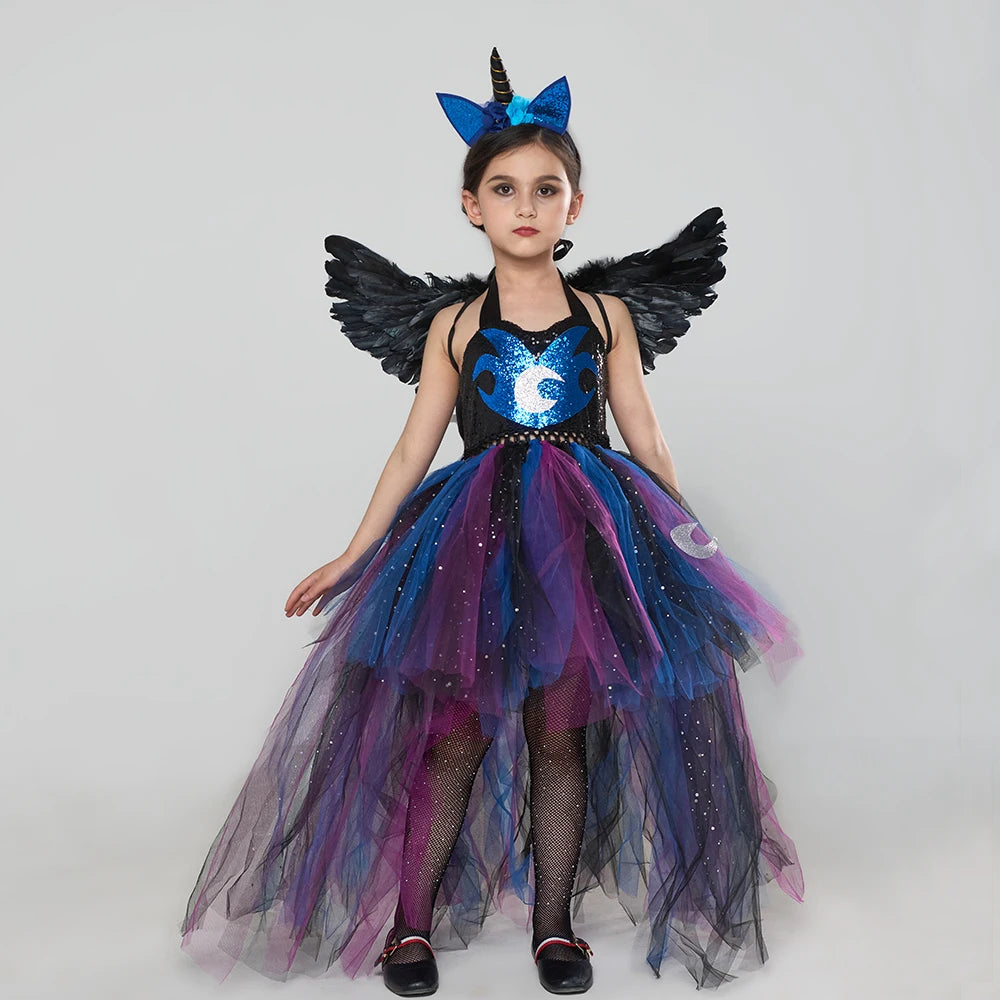 Princess Luna Inspired Glitter Girls Tutu Dress with Wing Headband for Halloween Carnival Unicorn Costume Kids Cosplay Clothing