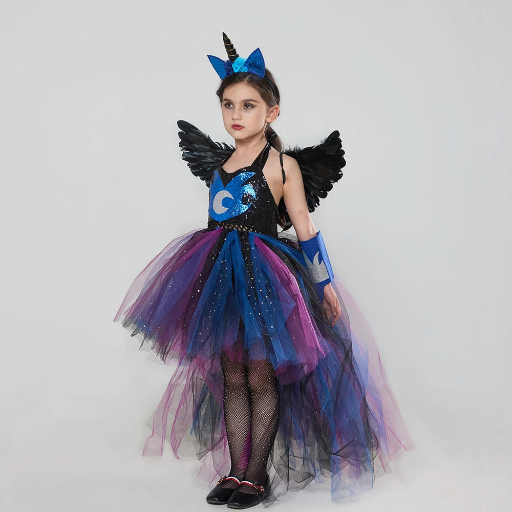 Princess Luna Inspired Glitter Girls Tutu Dress with Wing Headband for Halloween Carnival Unicorn Costume Kids Cosplay Clothing