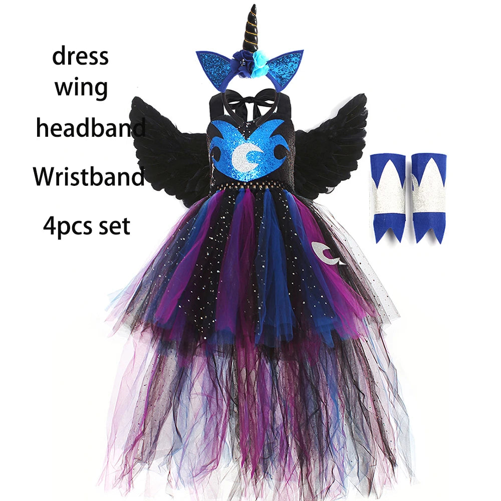 Princess Luna Inspired Glitter Girls Tutu Dress with Wing Headband for Halloween Carnival Unicorn Costume Kids Cosplay Clothing