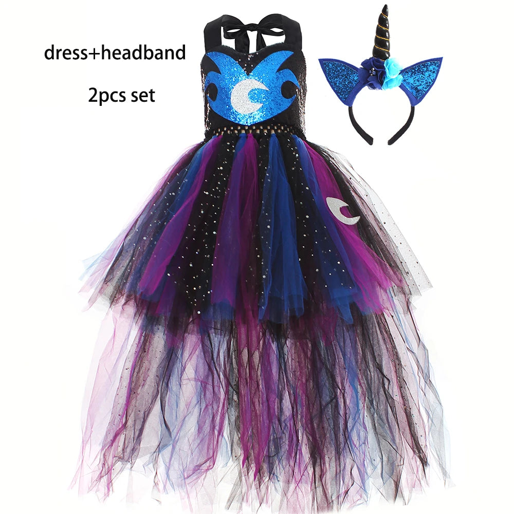 Princess Luna Inspired Glitter Girls Tutu Dress with Wing Headband for Halloween Carnival Unicorn Costume Kids Cosplay Clothing