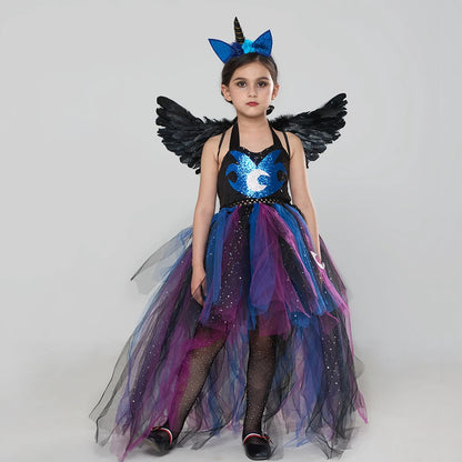 Princess Luna Inspired Glitter Girls Tutu Dress with Wing Headband for Halloween Carnival Unicorn Costume Kids Cosplay Clothing