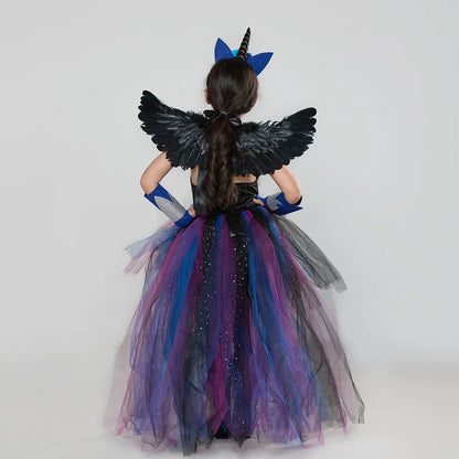 Princess Luna Inspired Glitter Girls Tutu Dress with Wing Headband for Halloween Carnival Unicorn Costume Kids Cosplay Clothing