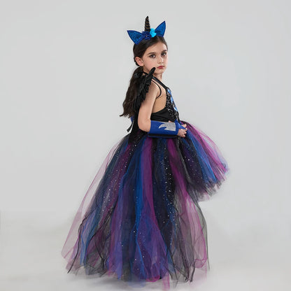 Princess Luna Inspired Glitter Girls Tutu Dress with Wing Headband for Halloween Carnival Unicorn Costume Kids Cosplay Clothing