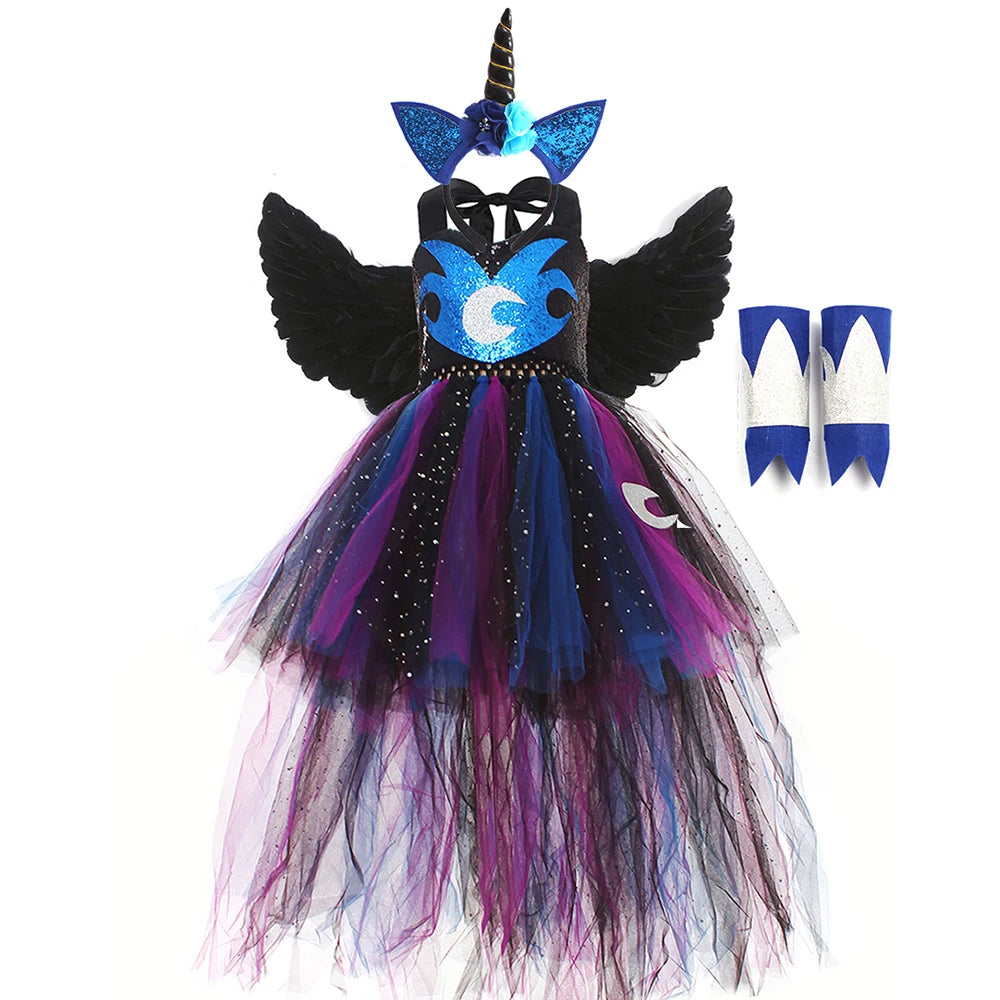 Princess Luna Inspired Glitter Girls Tutu Dress with Wing Headband for Halloween Carnival Unicorn Costume Kids Cosplay Clothing