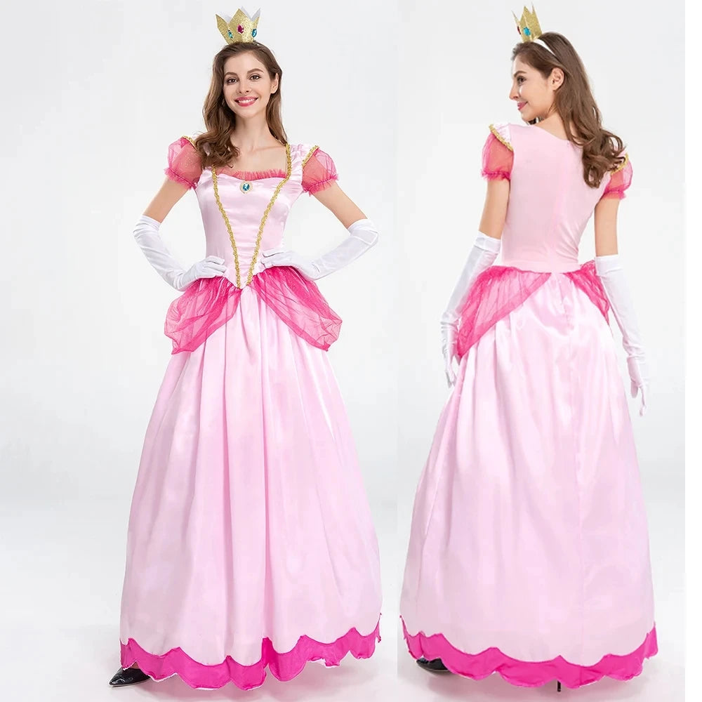 Princess Peach Dress Costume Women Pink Cosplay Halloween Masquerade Fancy Outfit