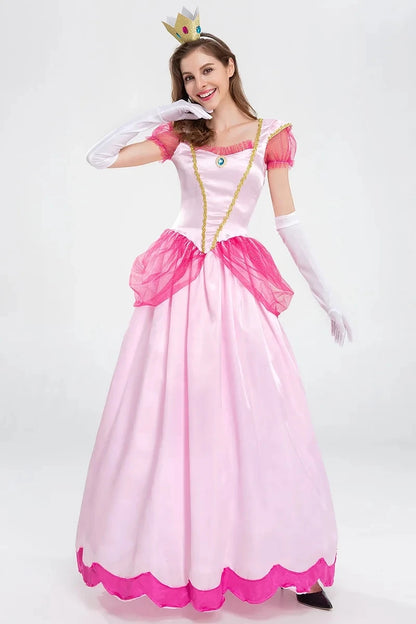 Princess Peach Dress Costume Women Pink Cosplay Halloween Masquerade Fancy Outfit