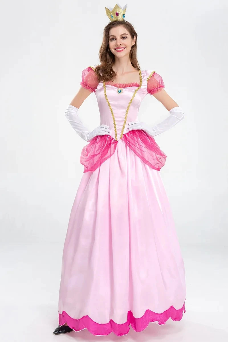 Princess Peach Dress Costume Women Pink Cosplay Halloween Masquerade Fancy Outfit