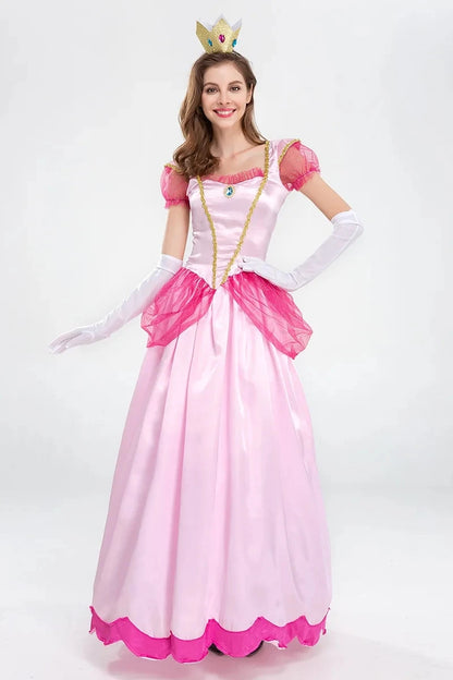 Princess Peach Dress Costume Women Pink Cosplay Halloween Masquerade Fancy Outfit