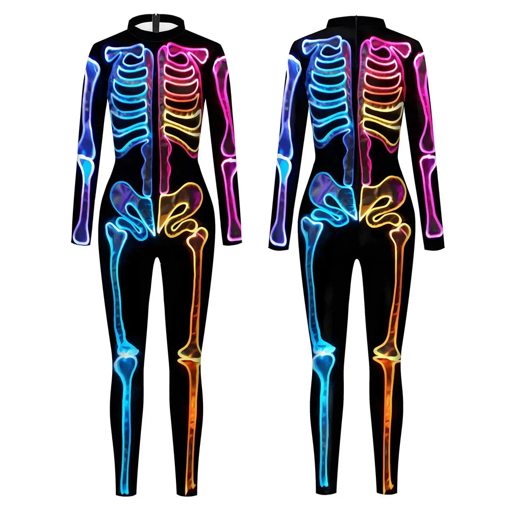 Print Cos Halloween Long-sleeved Tights Women&#39;s Jumpsuit Stage Performance Clothing Color Skeleton