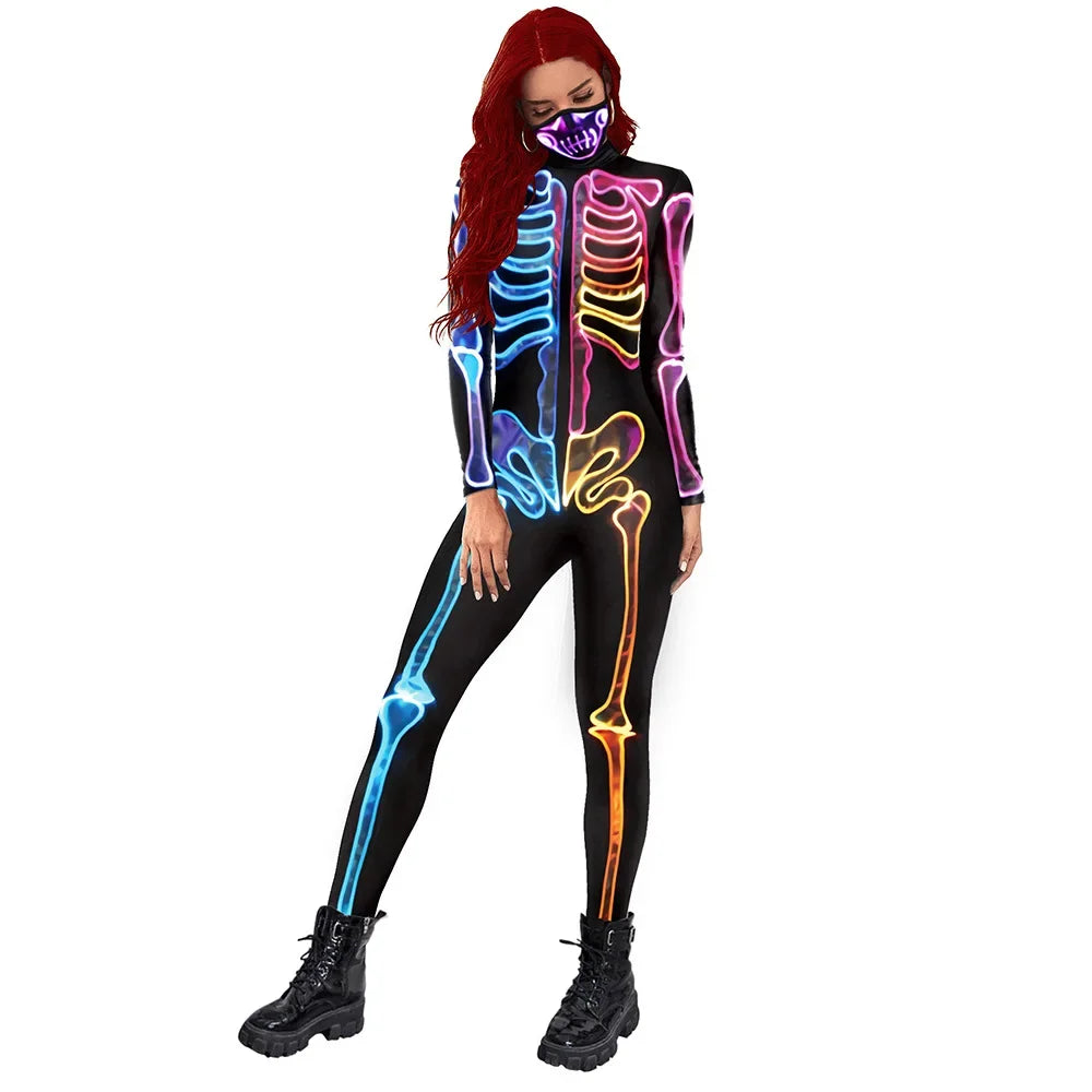 Print Cos Halloween Long-sleeved Tights Women&#39;s Jumpsuit Stage Performance Clothing Color Skeleton