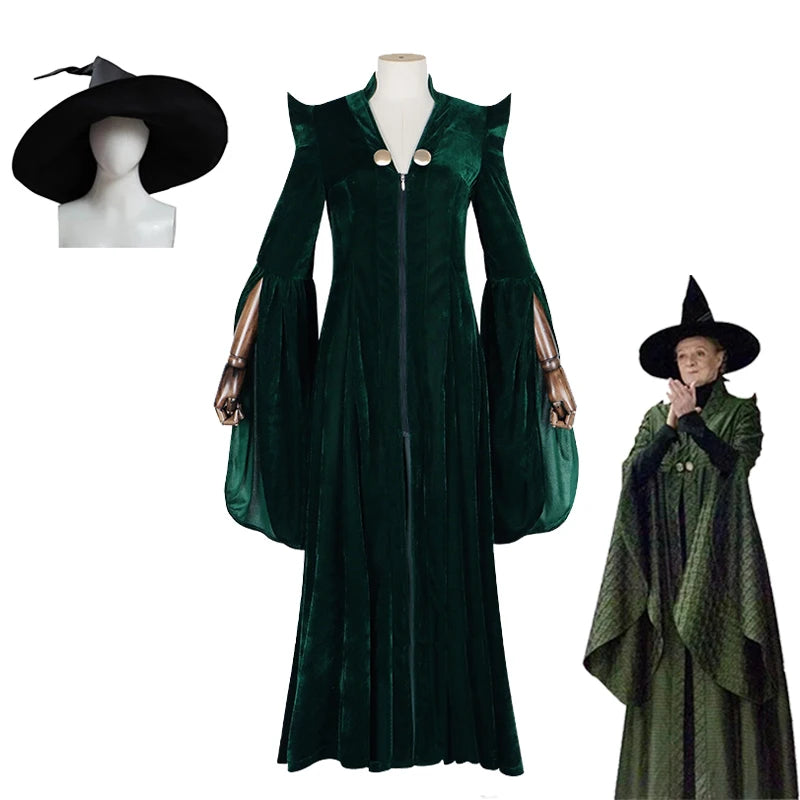 Professor Minerva McGonagall Cosplay Costume Dark Green Dress Robe Cape Hat Velvet Cosplay Costume Halloween Carnival Suit