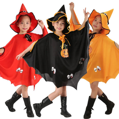 Witch Girl Pumpkin Cloak Halloween Costume with Hat for Kids Carnival Festival Dress