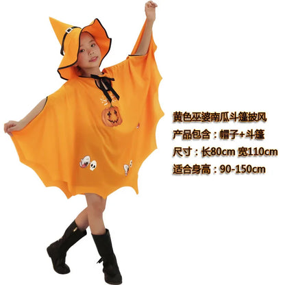 Witch Girl Pumpkin Cloak Halloween Costume with Hat for Kids Carnival Festival Dress