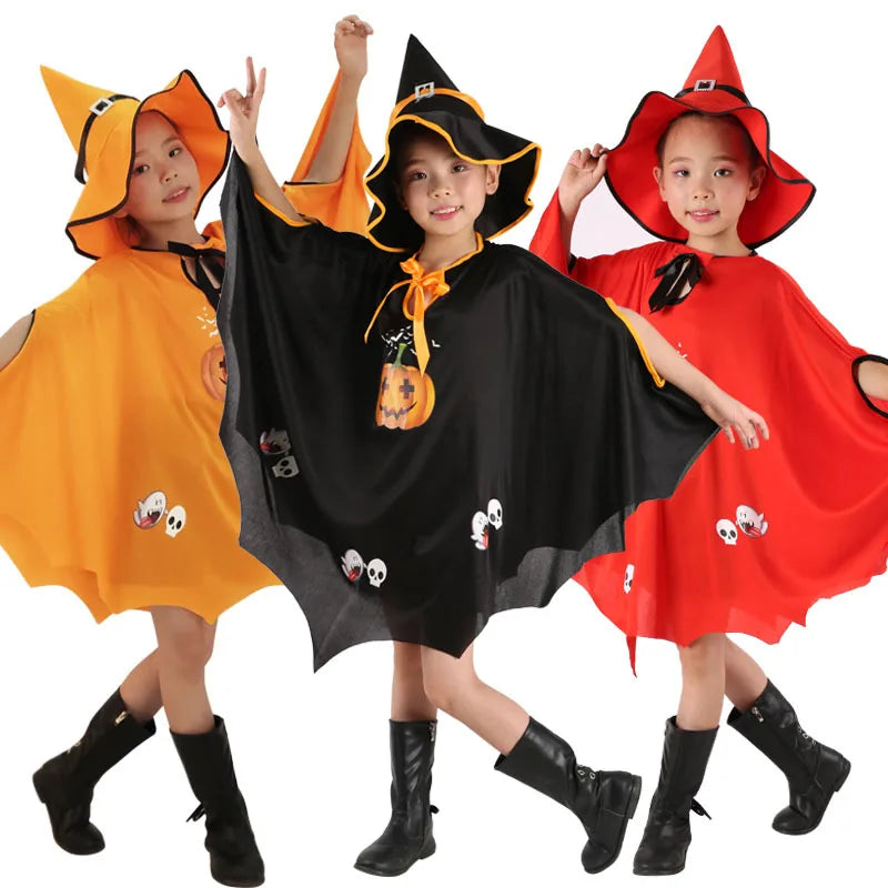 Witch Girl Pumpkin Cloak Halloween Costume with Hat for Kids Carnival Festival Dress