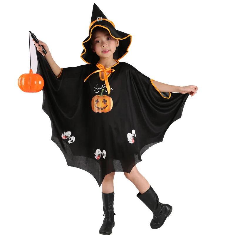 Witch Girl Pumpkin Cloak Halloween Costume with Hat for Kids Carnival Festival Dress