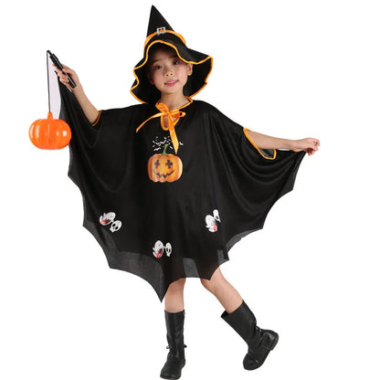 Witch Girl Pumpkin Cloak Halloween Costume with Hat for Kids Carnival Festival Dress