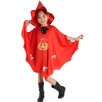 Witch Girl Pumpkin Cloak Halloween Costume with Hat for Kids Carnival Festival Dress