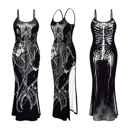 Punk Camisole Dress Halloween Long Dress Gothic Skeleton Pattern Cosplay Costume Party Dress Sexy Outfit Festival Clothing