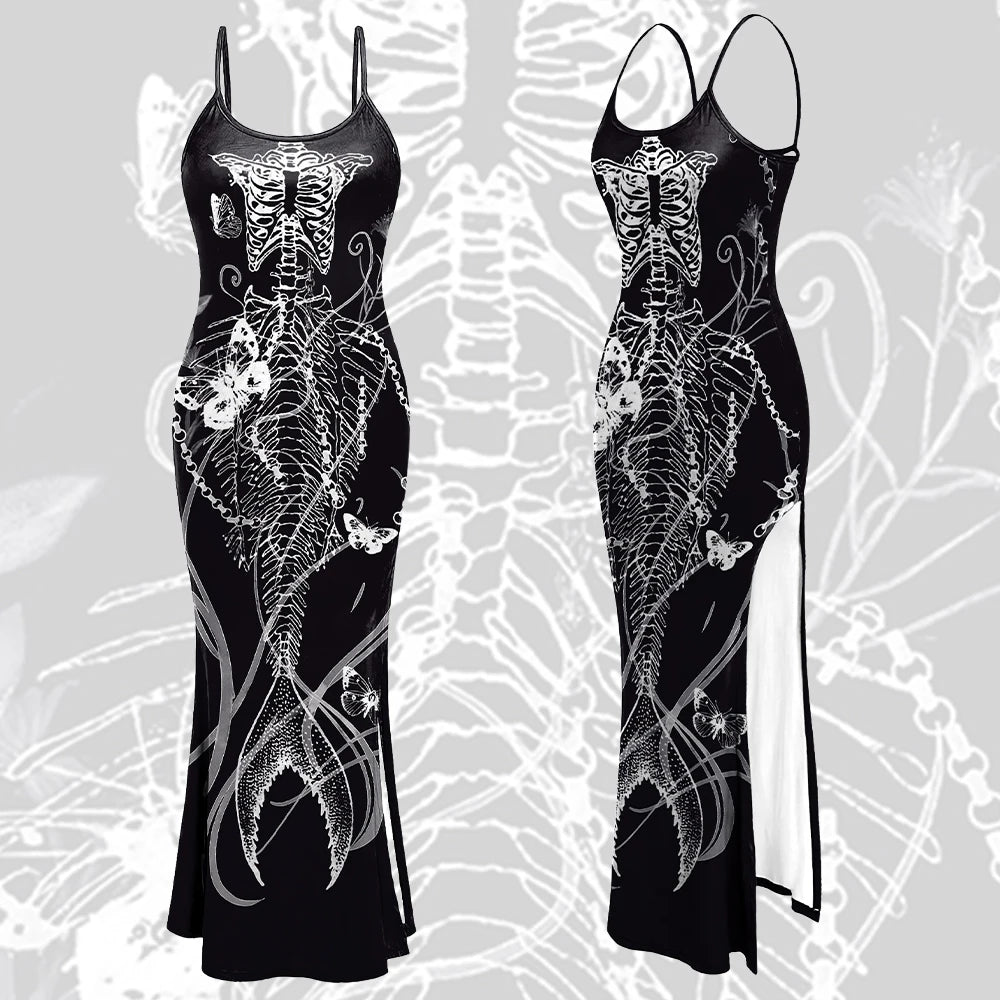 Punk Camisole Dress Halloween Long Dress Gothic Skeleton Pattern Cosplay Costume Party Dress Sexy Outfit Festival Clothing