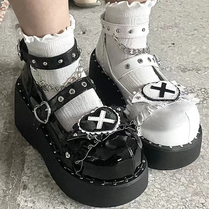 Punk Metal Chain Platform Lolita Shoes Women Patent Leather Mary Jane Shoes Woman Japanese Style Flat Heels Ankle Straps Shoes