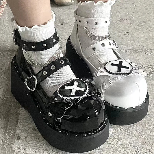 Punk Metal Chain Platform Lolita Shoes Women Patent Leather Mary Jane Shoes Woman Japanese Style Flat Heels Ankle Straps Shoes