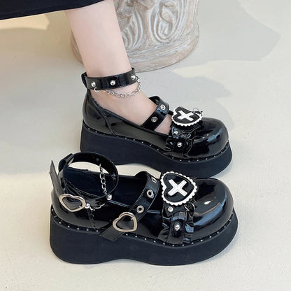 Punk Metal Chain Platform Lolita Shoes Women Patent Leather Mary Jane Shoes Woman Japanese Style Flat Heels Ankle Straps Shoes