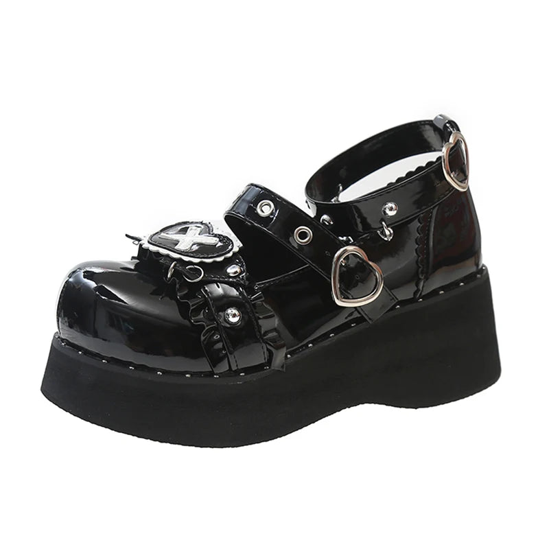 Punk Metal Chain Platform Lolita Shoes Women Patent Leather Mary Jane Shoes Woman Japanese Style Flat Heels Ankle Straps Shoes