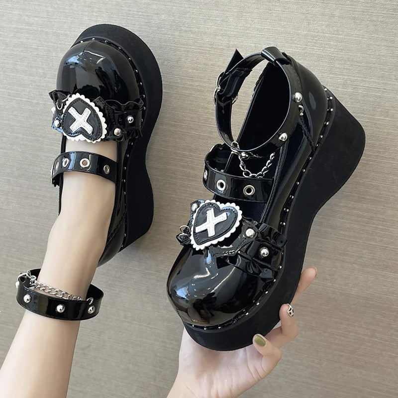 Punk Metal Chain Platform Lolita Shoes Women Patent Leather Mary Jane Shoes Woman Japanese Style Flat Heels Ankle Straps Shoes