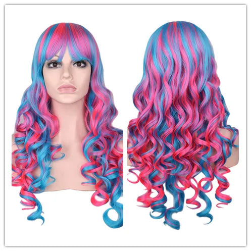 Rainbow Colorful Long Curly Wig Cosplay Party Women High Temperature Synthetic Hair Wigs