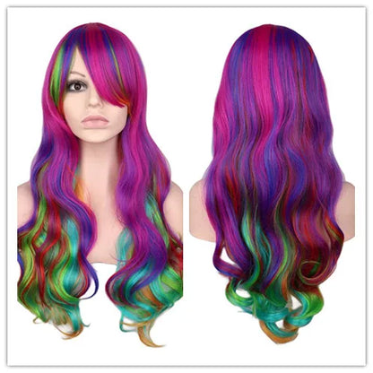 Rainbow Colorful Long Curly Wig Cosplay Party Women High Temperature Synthetic Hair Wigs