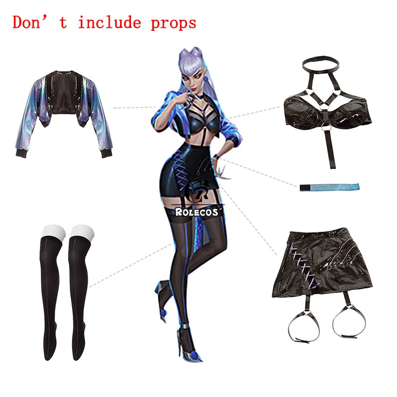 Game KDA Cosplay Costume Evelynn Cosplay Costume Women Sexy KDA All Out Evelynn Costume Halloween Bra Skirt Full Set