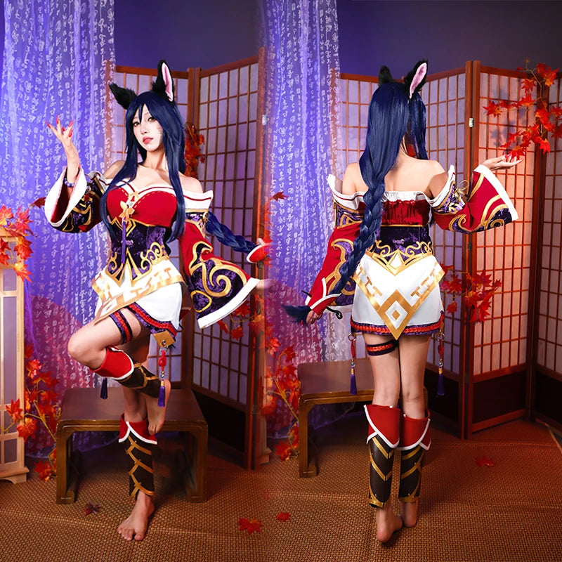 Game Nine-tailed Fox Ahri Cosplay Costume Ahri Cosplay Wig Game  Ahri Costume Women Red Dress Full Set